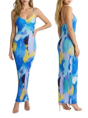 NWT PrettyLittleThing Blue Multi-Color Abstract Print Pleated Slip Maxi Dress